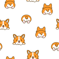 Cute kawaii corgi dog. Seamless pattern. Funny puppy cartoon animal characters. Hand drawn style. Vector drawing. Design ornaments.
