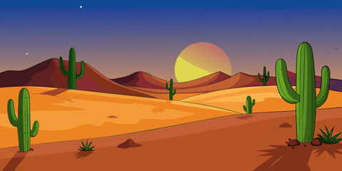 Desert Landscape Evening Scene with Cacti Silhouettes