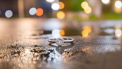 Diamond and silver engagement ring, lying on the ground in a rainy street. Lost or mislaid expensive jewelry.