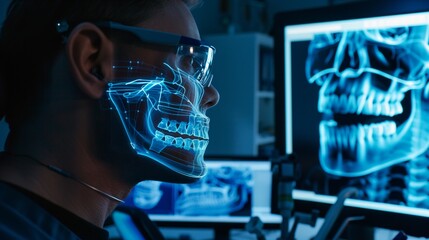 Woman using transparent futuristic digital interface with anatomical 3d graphics of her teeth. Modern advanced medical technology.