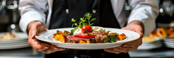 Waiter expertly balances meat dishes at lively party in elegant restaurant setting