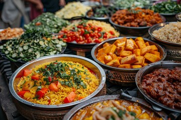 Obraz premium Variety of colorful dishes at an outdoor food market