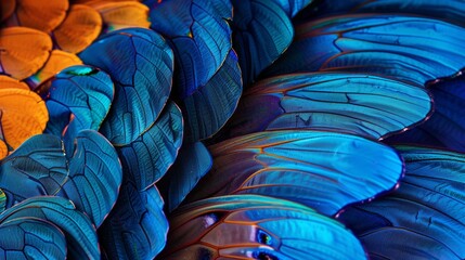 Vibrant close-up of blue butterfly wings. Nature pattern abstract background