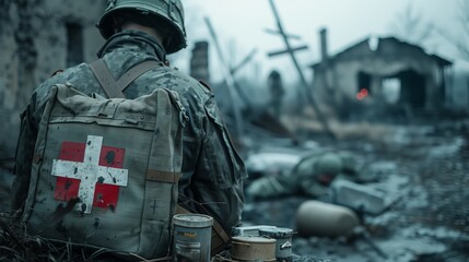A field medic, carrying a medical bag, stands in a war-torn area