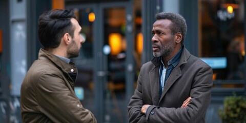 Two men discussing business plans outside a restaurant, one wearing a jacket and the other with crossed arms