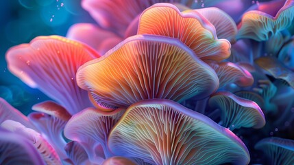 Obraz premium Illuminated neon mushrooms in a mystical forest, evoking an enchanting fantasy world.