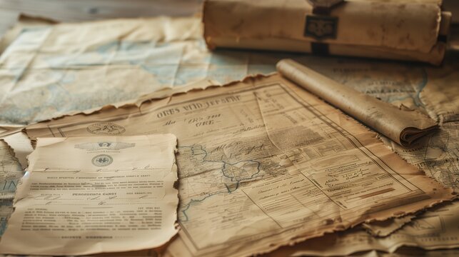 Old military certificates and maps on a table