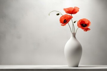 Elegant red poppies in white vase, minimalist floral arrangement, modern interior design, bright red flowers, simple flower display, fresh poppy bouquet, serene white and red setting
