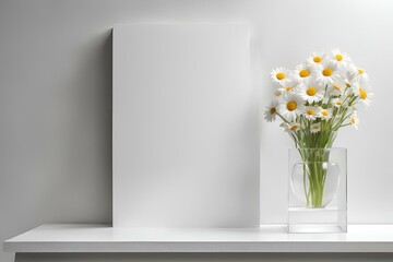 Minimalist daisies in glass vase, elegant floral arrangement, modern interior design, bright spring decor, simple flower display, fresh daisy bouquet, serene white and yellow setting