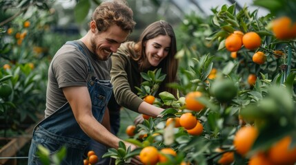 Joyous man and woman engaging in orange picking in a lush orchard setting