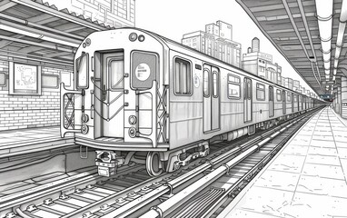 Naklejka premium Black and white illustration of a subway train at a station. Line art. Urban transport and cityscape concept