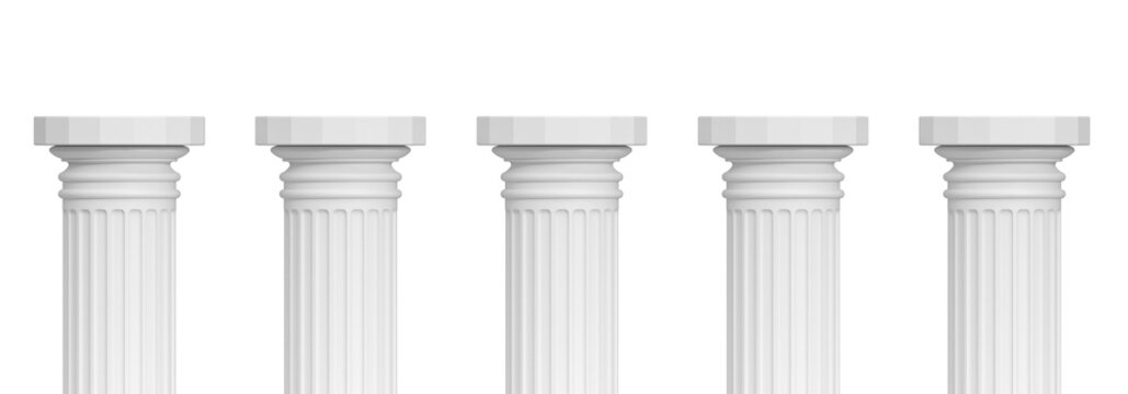 Set of five white pillars isolated on transparent background
