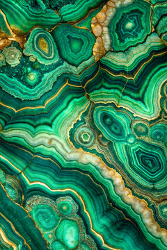 A high-resolution close-up of polished malachite reveals its swirling green and black patterns in a photorealistic style. Perfectfor textures, backgrounds, covers, wallpaper, ceramics and othes.