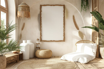Mockup frame in a boho nomadic interior background with rural decorations