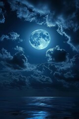 Fototapeta premium blue moon, full moon behind clouds, night time, night sky, blue light, cosmos, space, night, moon in the sky, close-up, astronomy, moon crescent, close-up, sky at night, night time, Generative AI