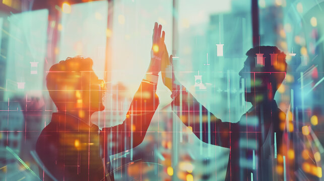 Professional business team Clapping hands to celebrate success in the office Using economic growth charts and network connections to accompany the data. in analyzing future trends - Powered by Adobe