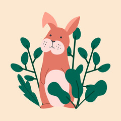 A cute hare sits in nature among greenery. Postcard with funny children's animals