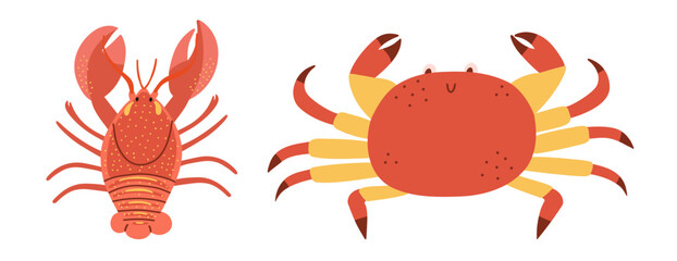 Cartoon lobster and crayfish. Sea creatures. Vector illustration