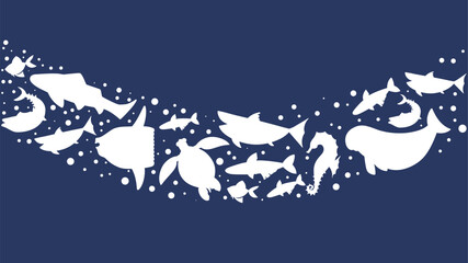School of fish on blue background. Marine life. Silhouettes of different fish.