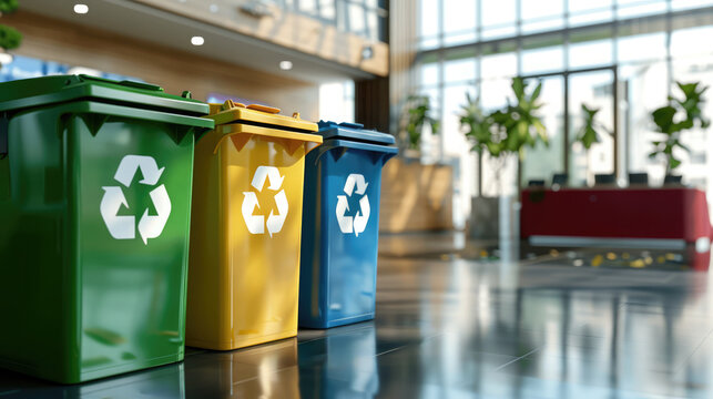 Office lobby with well-organized recycling bins and sustainability signage. Corporate sustainability