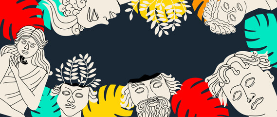 Summer artistic banner with Greek ancient sculpture and 
 leaves. Botanical background mythical and ancient  style. Vector illustration