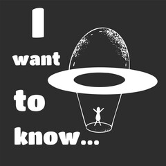 Postcard with UFO and inscription. Meeting of man with extraterrestrial civilization. Design card with aliens.