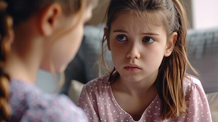 Serious mother talking to sad upset preschooler daughter kid at home. Mum consoling quiet girl, giving love, comfort, support, touching shoulder of child at home. Psychology, therapy, empathy concept 