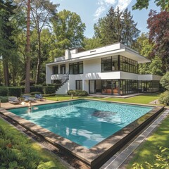 Fototapeta premium Modernist villa embracing bauhaus legacy through geometric lines and minimalist design