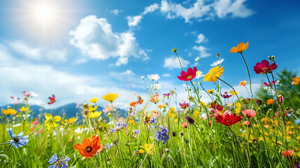 natural meadow with wild flowers under blue sky with some clouds