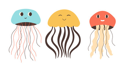 Fototapeta premium Cute baby cartoon jellyfish set. Funny sea animals. Vector illustration.