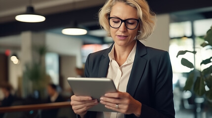 middle aged businesswoman manager wearing glasses looking at tablet, female entrepreneur
