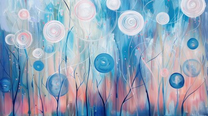 Colorful abstract forest with swirling patterns and circular shapes in a variety of colors including blue, pink and white.