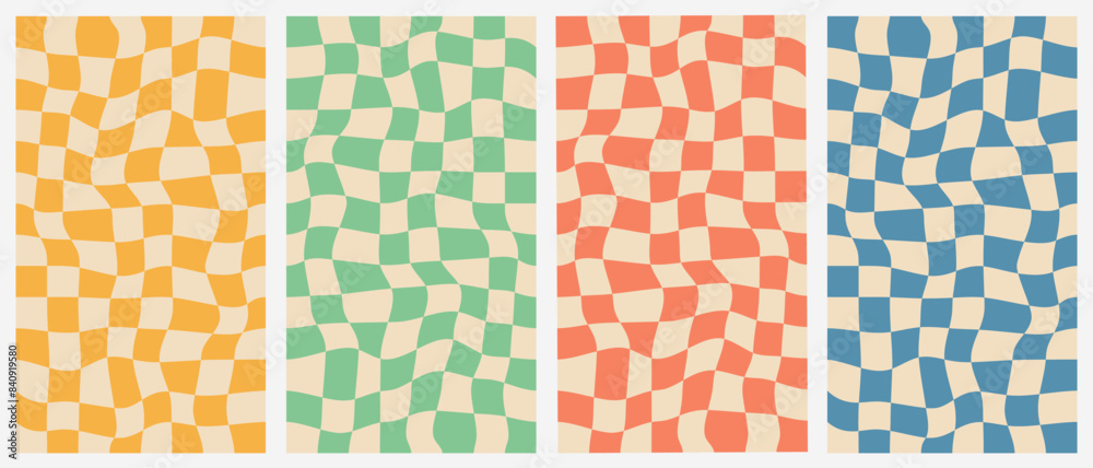 Sticker chessboard groovy backgrounds in a trendy retro 70s style. twisted and distorted textures. vector il