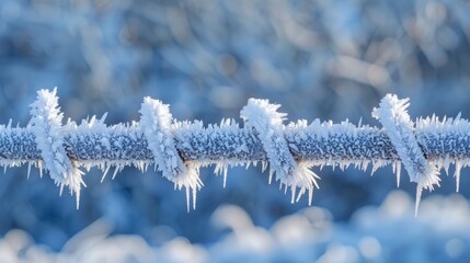 A frozen fence with thin strands of rime ice hanging off the horizontal bars.