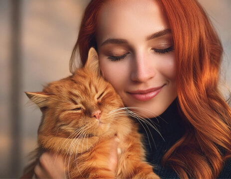 Uma mulher bonita, ruiva, com olhos fechados, abra&ccedil;ando o seu gatinho ruivo e fofo.