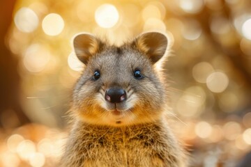 Close-up of a joyful quokka with a natural golden bokeh background - Powered by Adobe
