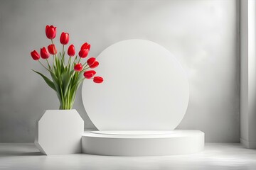 Minimalist red tulips in white vase, elegant floral arrangement, modern interior design, bright spring decor, simple flower display, fresh tulip bouquet, serene white and red setting, contemporary hom