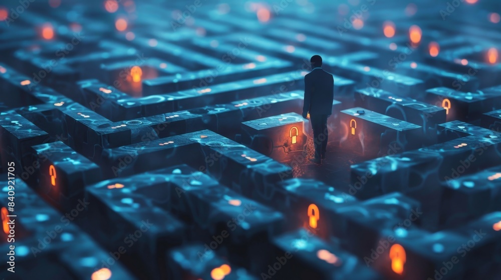 Wall mural a person ting through a maze of lock icons representing the importance of navigating through securit