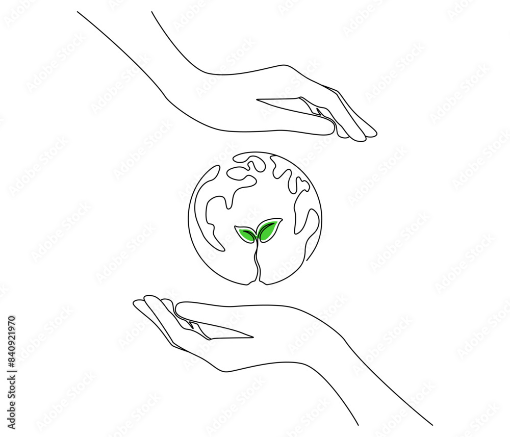 Leinwandbilder hands holding earth globe with plant in one continuous line drawing. world environment day poster in