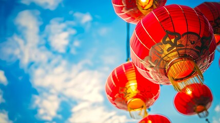 Bright red lanterns hanging against a clear blue sky with wisps of clouds. Traditional Chinese lanterns with intricate details and warm glow. Ideal for cultural and festive themes. AI