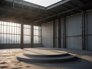 An bright daylight image of podium in empty indoor space under construction surrounded by steel and concrete structures.