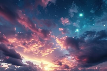 Fototapeta premium Sky at dusk, pink sky, sunset, sky with cloud and stars, purple, blue, orange, pink, sky gradient, day with stars, nature, background sky, sunrise, night sky with stars, Generative AI