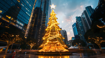 golden Christmas tree statue in the middle of the city on New Years Eve 