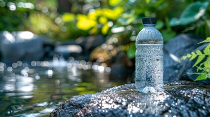Naklejka premium Refreshing water bottle by pool at resort with natural backdrop, emphasizing freshness and coolness