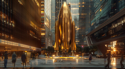 Fototapeta premium golden statue of a rocket in the middle of the city 
