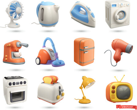 Home appliances, objects. 3d cartoon vector icon set