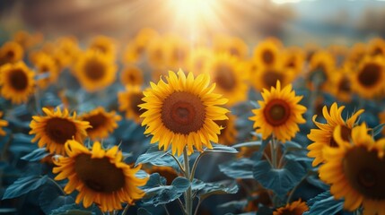 Fototapeta premium Sunlit Sunflower Field During Golden Hour