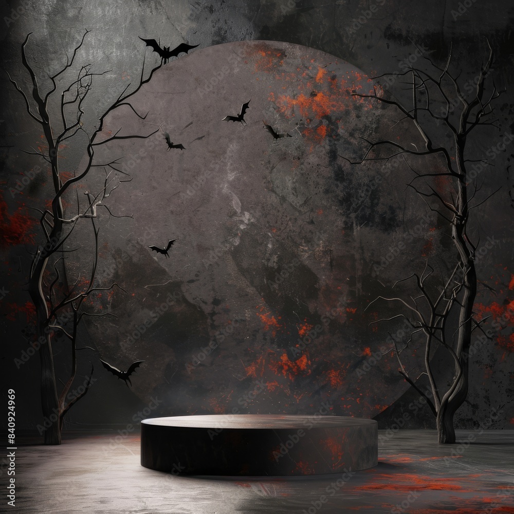 Wall mural 3D podium product presentation with halloween background for commercial, spooky halloween backdrop. - Wall murals
