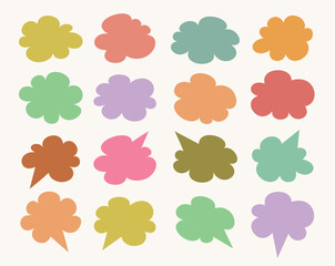 A set of hand drawn doodle blank text frames. A colored text box that looks like a cloud. Empty speech bubbles on white background.  Flat Vector Illustration EPS10