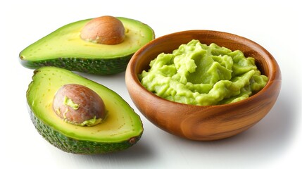 Fresh Avocado and Guacamole in Wooden Bowl. Healthy Food Concept. High Quality Photorealistic Image of Avocado Halves and Guacamole. Perfect for Food Blogs, Recipes, and Nutrition Articles. AI